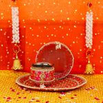 Premium Pink Karwa Chauth Thali Set with Golden Embroidery
