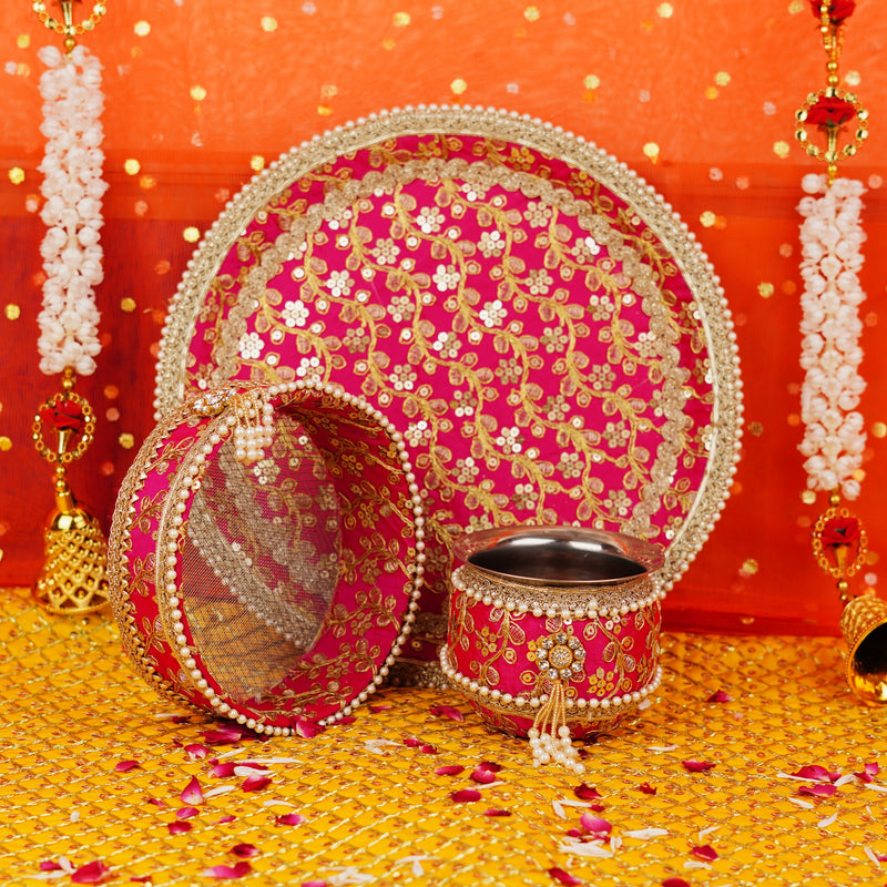 Premium Pink Karwa Chauth Thali Set with Golden Embroidery