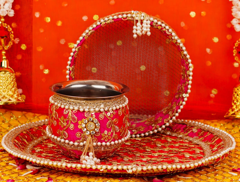 Premium Pink Karwa Chauth Thali Set with Golden Embroidery
