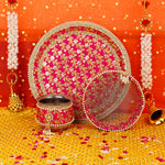 Premium Pink Karwa Chauth Thali Set with Golden Embroidery