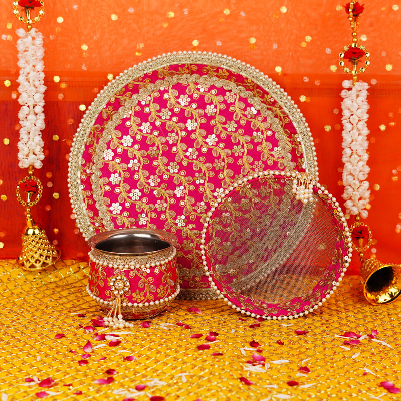 Premium Pink Karwa Chauth Thali Set with Golden Embroidery