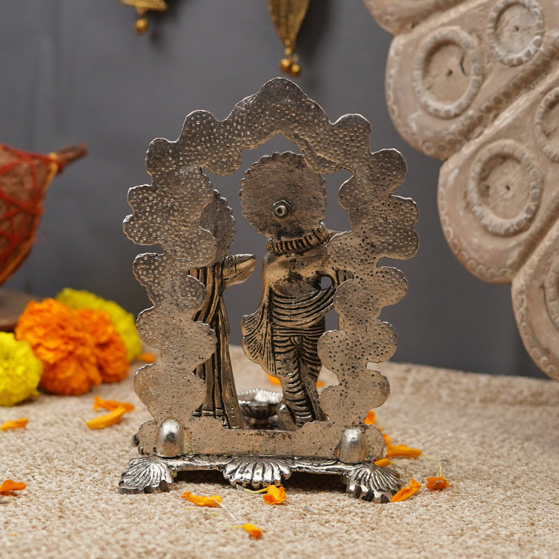 Silver Plated Radha Krishna Idol with Diya 7"