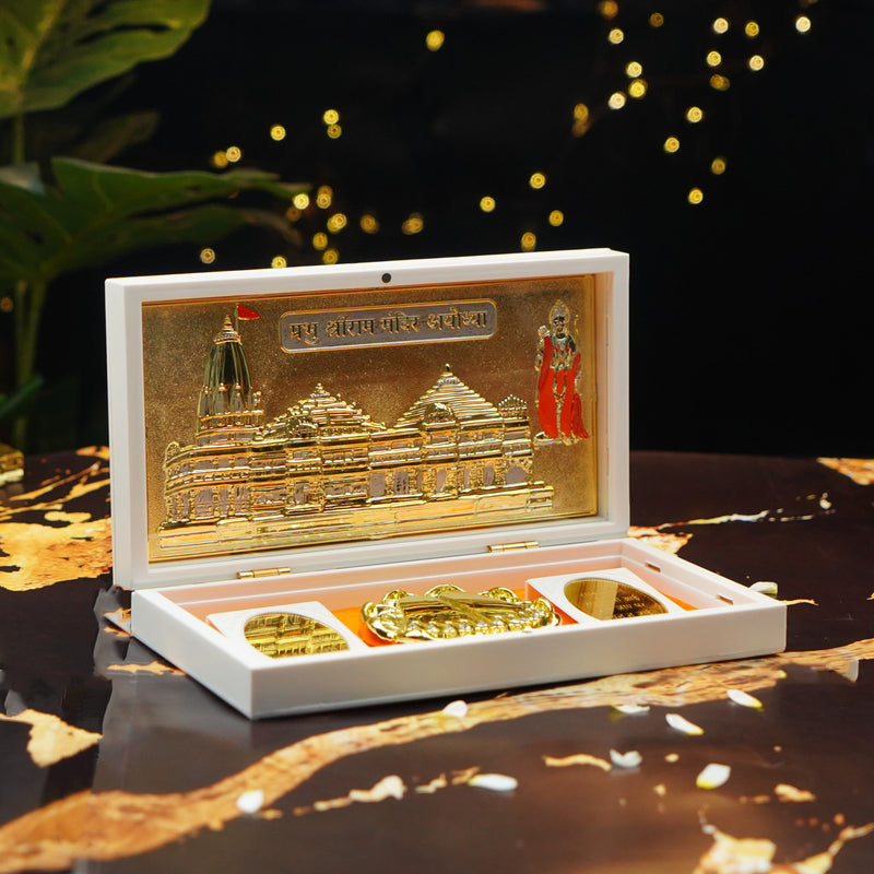 Gold Foil White Ram Mandir Pooja Box | Premium Gift