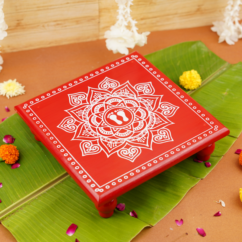 Red Aipan Laxmi Charan Pooja chowki 11x11 Inch