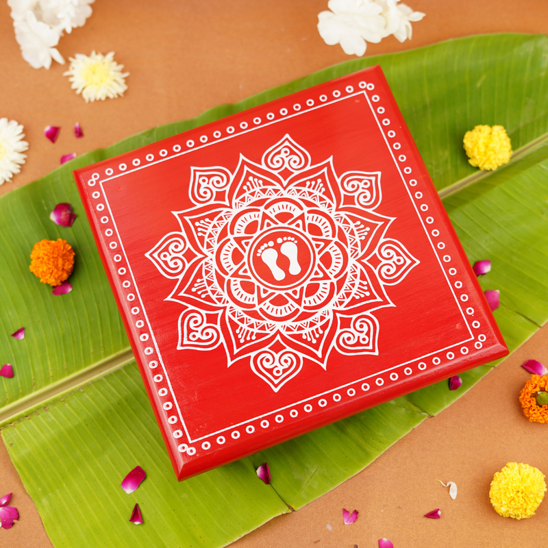 Red Aipan Laxmi Charan Pooja chowki 11x11 Inch