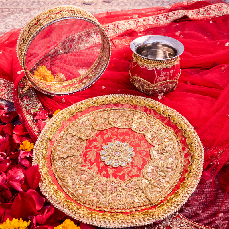 Red Karwa Chauth Thali Set | Luxe Edition | Pack of 3