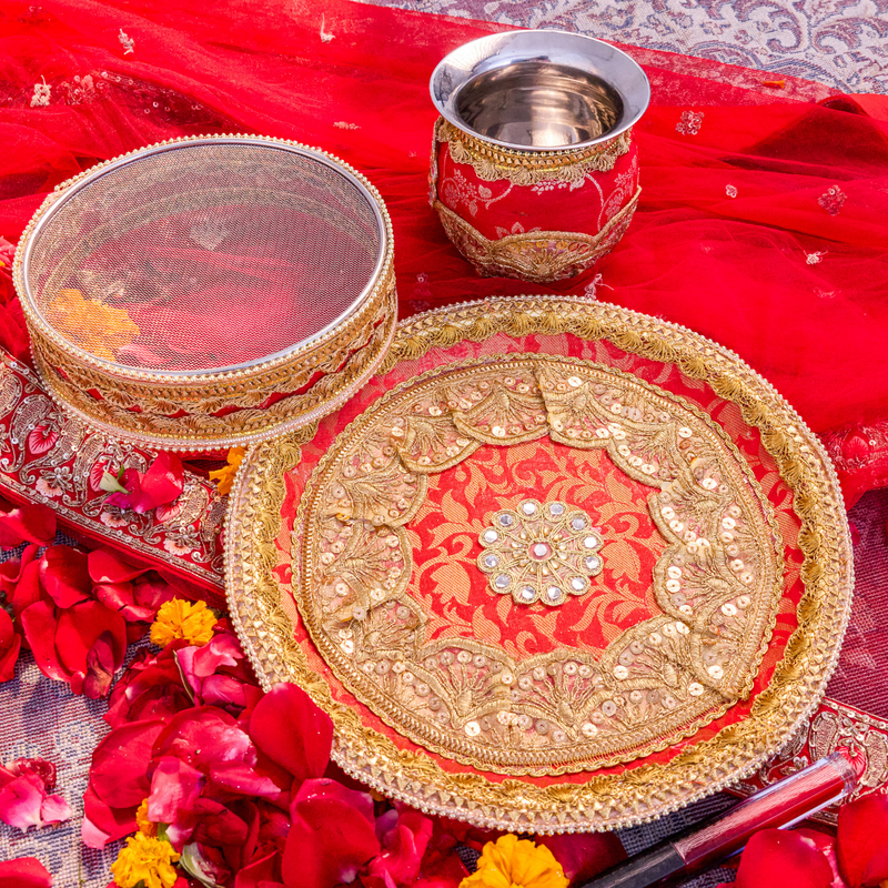 Red Karwa Chauth Thali Set | Luxe Edition | Pack of 3