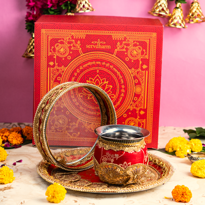 Red Karwa Chauth Thali Set | Luxe Edition | Pack of 3