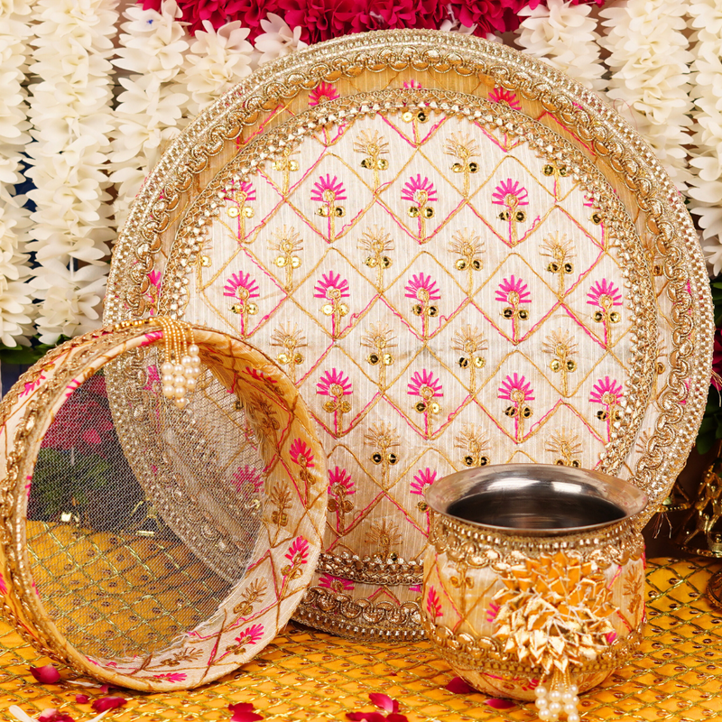 Royal Silver and Gold Karwa Chauth Thali Set with Diamond Grid and Floral Embellishments