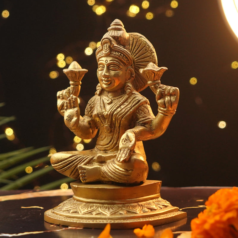 Smiling Mata Lakshmi Pure Brass Idol 6 Inch