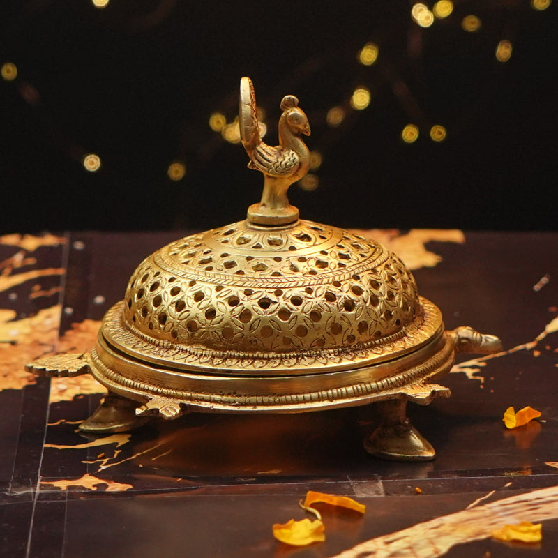 Brass Tortoise Peacock Dhoop Dani & Incense Holder (6 Inch) | Large Size