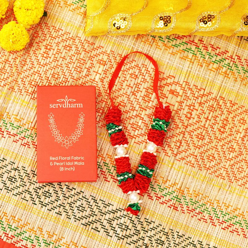 Red Floral Fabric and Pearl Idol Mala 8" | 11g