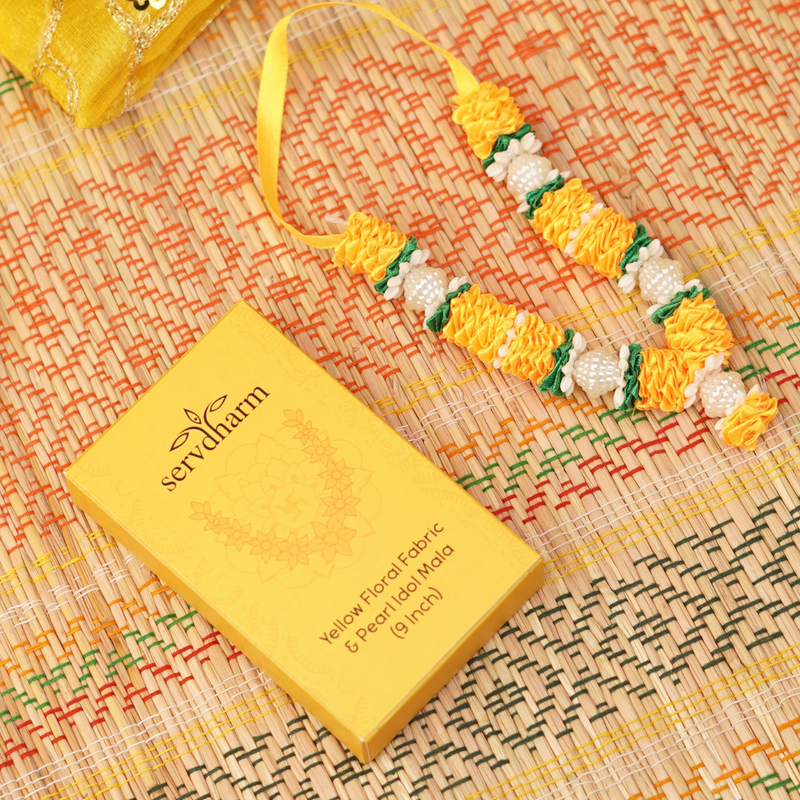 Yellow Floral Fabric and Pearl Idol  Mala 9" | 11g