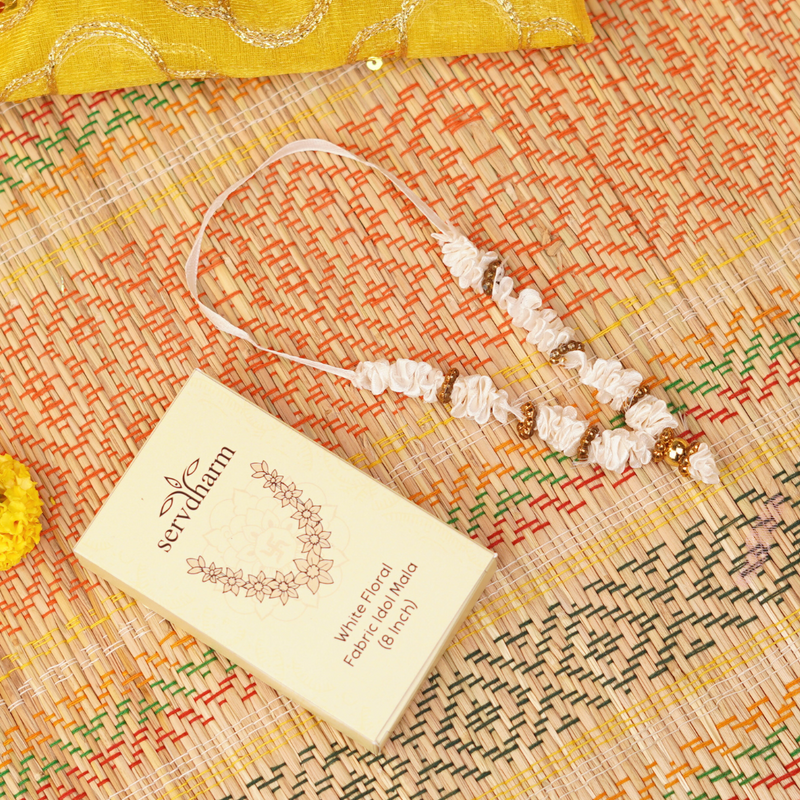 White Floral Fabric Idol Mala 8" | 3g