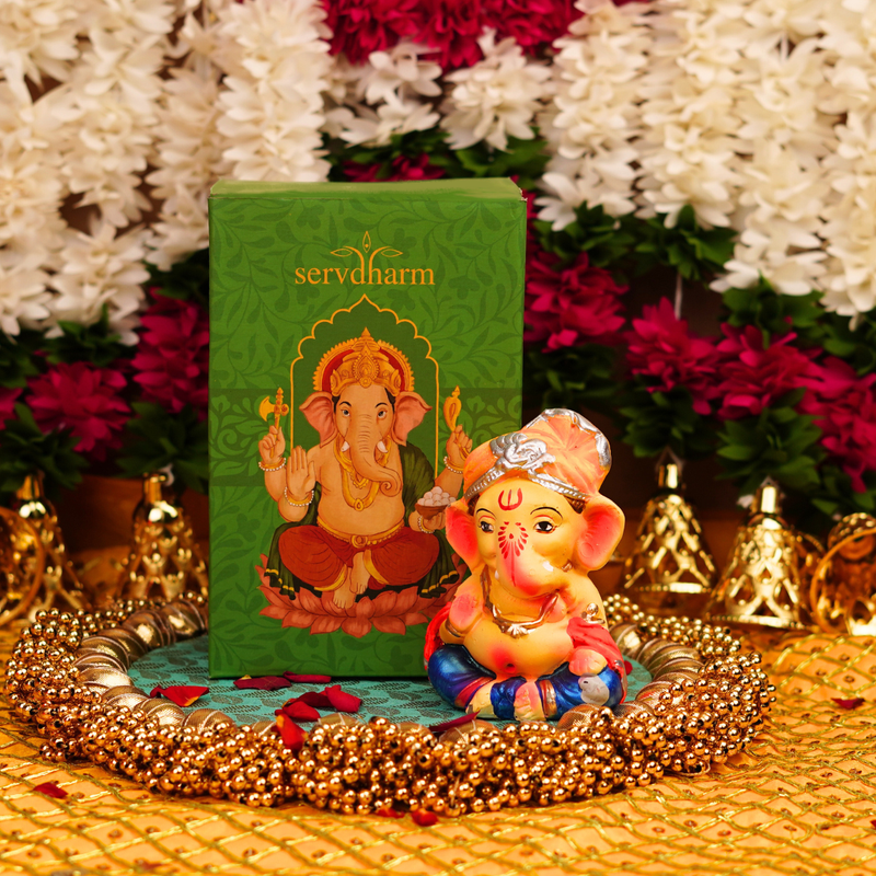 Bal Ganpati with Orange Pagdi 4.1'' | Dissolvable and Earth Friendly Eco Clay Ganesha for Ganesh Chaturthi