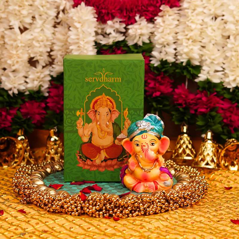 Bal Swaroop Ganesha with Blue Pagdi 4.1'' | Immersible Ganesha Clay Idol