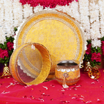 Premium Traditional Yellow Karwa Chauth Thali with Pearl Accents