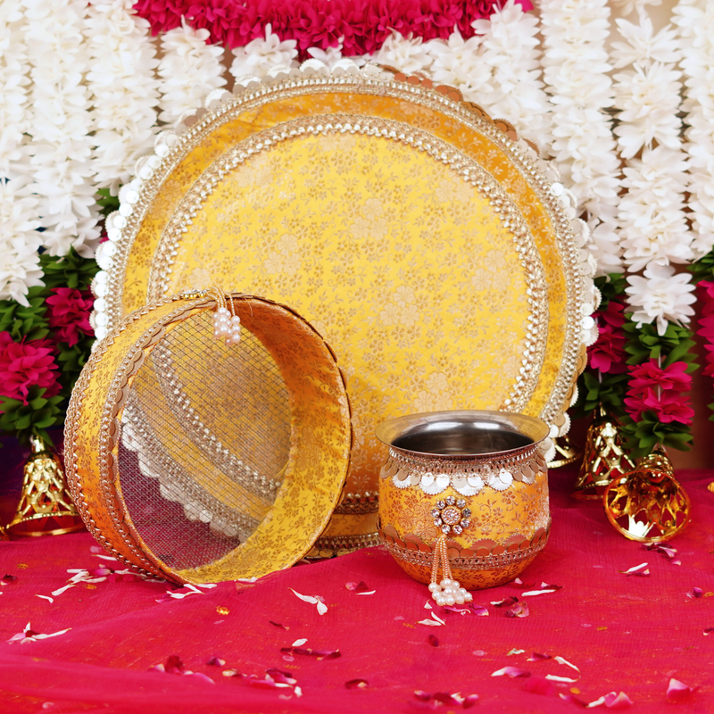 Premium Traditional Yellow Karwa Chauth Thali with Pearl Accents