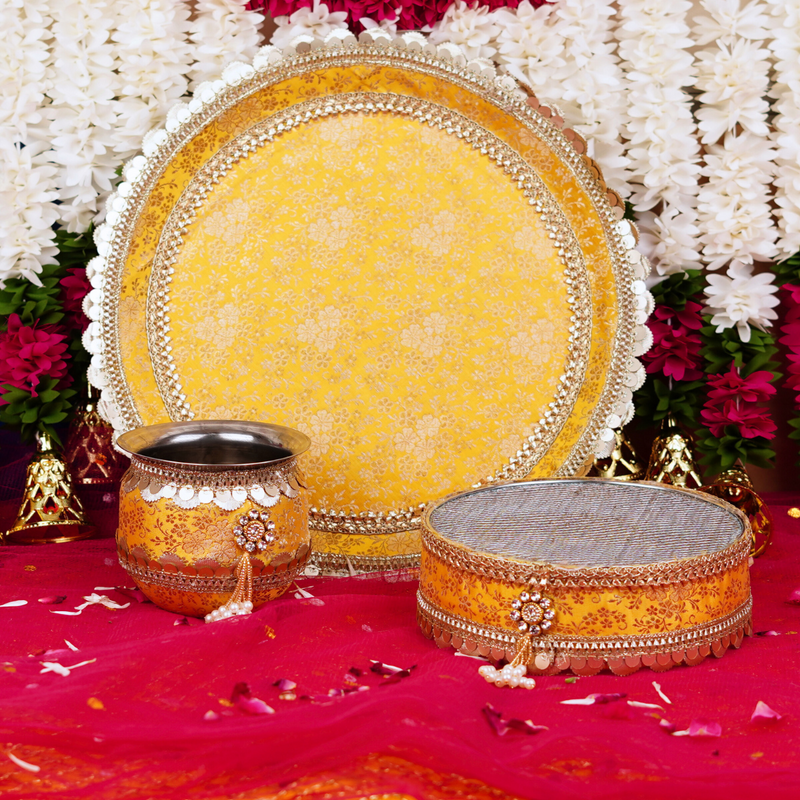 Premium Traditional Yellow Karwa Chauth Thali with Pearl Accents