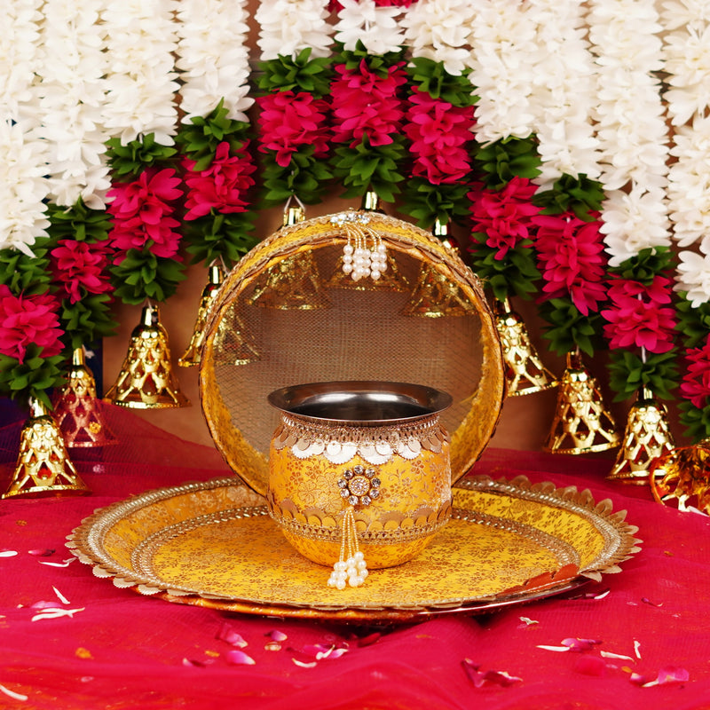 Premium Traditional Yellow Karwa Chauth Thali with Pearl Accents