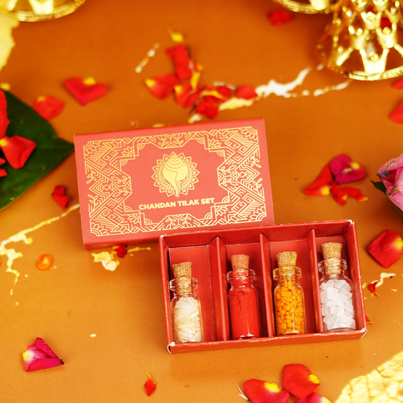 Roli, Chawal ,Chandan, Mishri Tilak Set | Gold Foil Red Gifting Pack