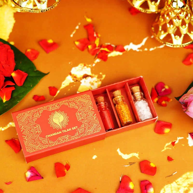 Roli, Chawal ,Chandan, Mishri Tilak Set | Gold Foil Red Gifting Pack
