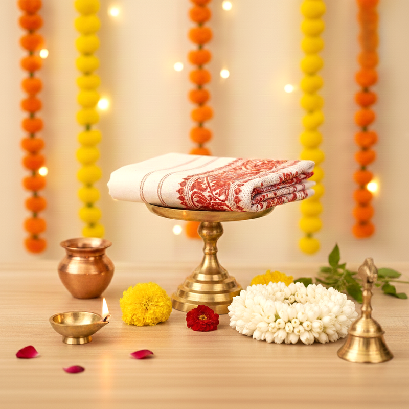 Assamese White and Red Puja Cotton Gamcha 55 x 21 inch