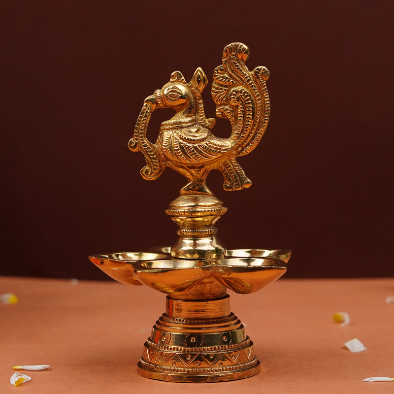 Antique Brass Panch Aarti Diya with Decorative Peacock | 575 Grams Brass