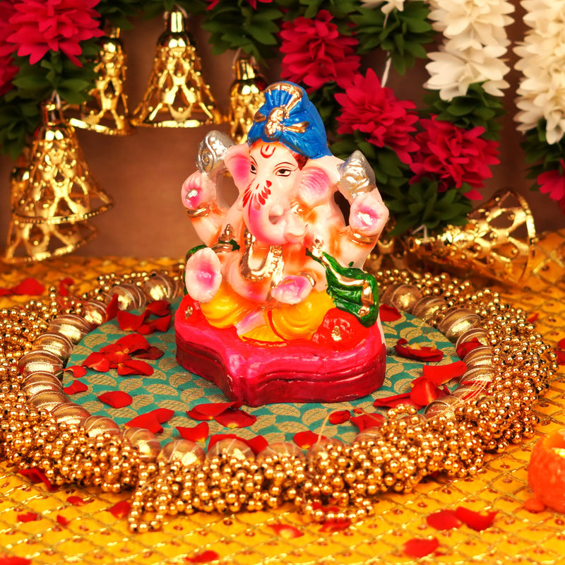 Neelpagdi Chaturbhuj Ganesha Ganga River Mitti Idol 6"| Immersible Clay & Sustainable