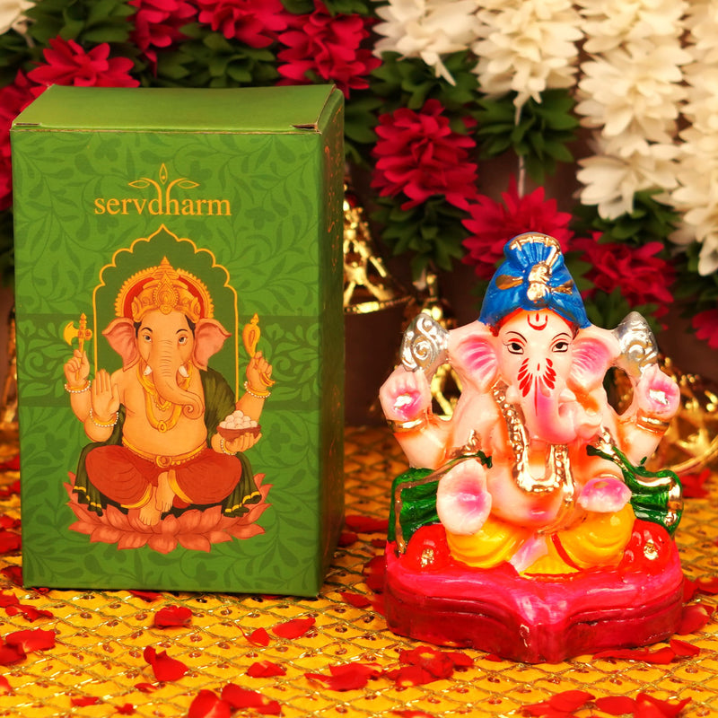 Neelpagdi Chaturbhuj Ganesha Ganga River Mitti Idol 6"| Immersible Clay & Sustainable