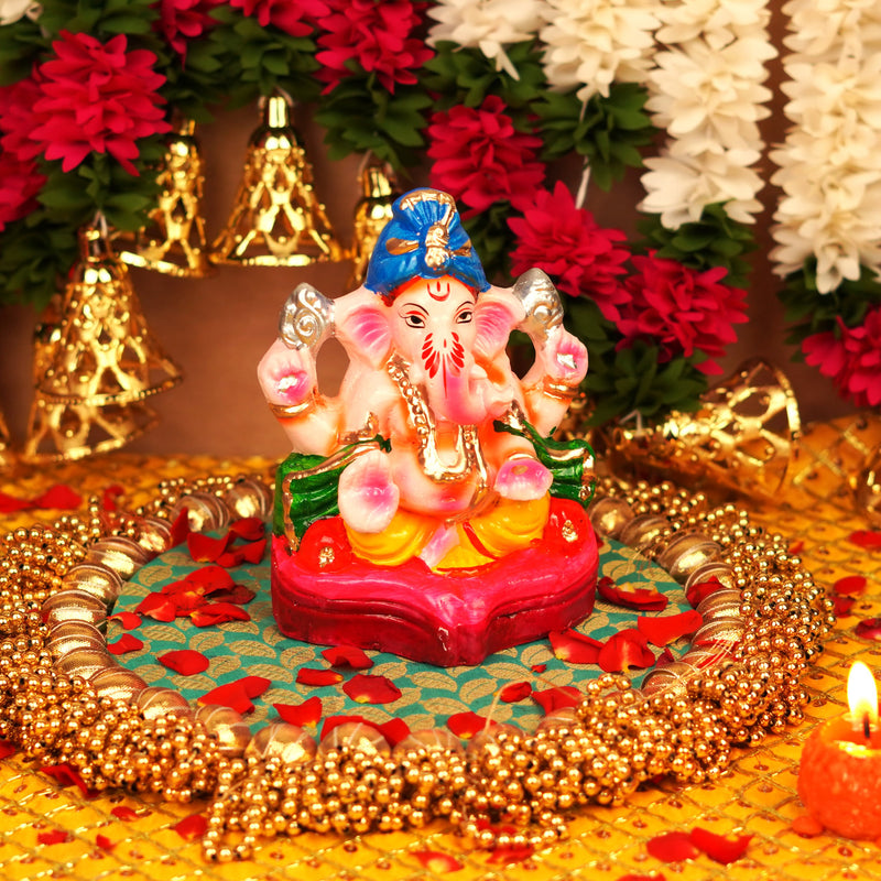Neelpagdi Chaturbhuj Ganesha Ganga River Mitti Idol 6"| Immersible Clay & Sustainable