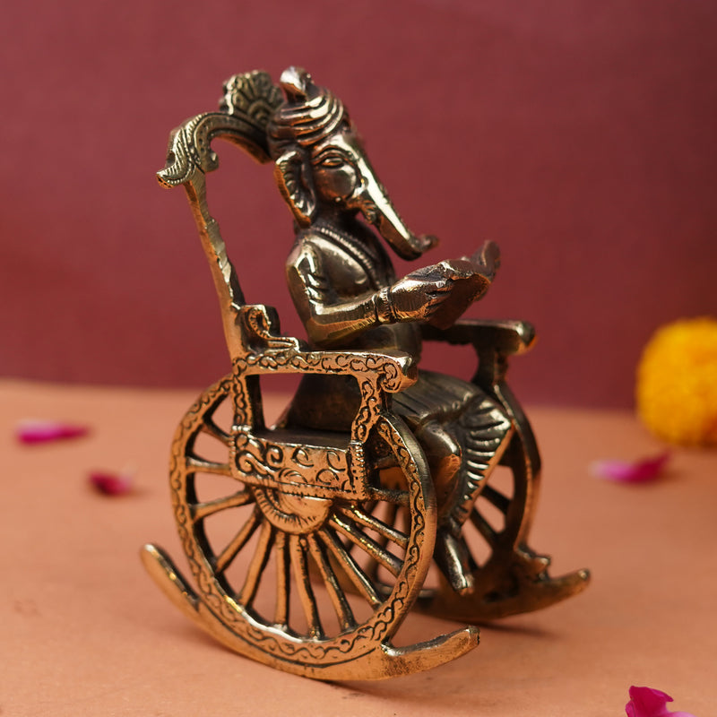 Ganesha Reading on Rocking Chair| Pure Brass