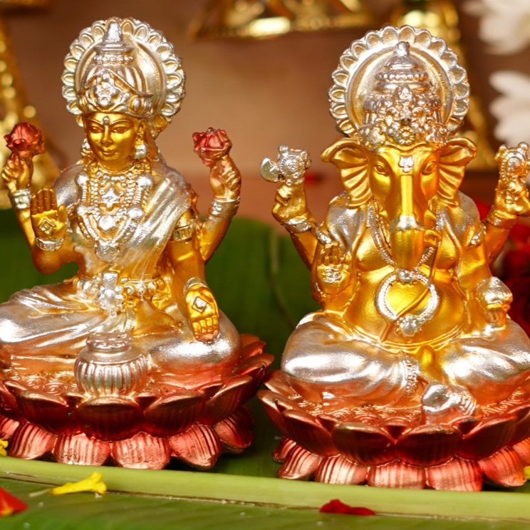 Silver and Golden Lakshmi Ganesh Resin Idol 4"