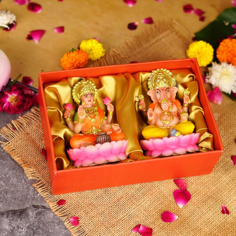 Pink Lotus Lakshmi Ganesh Resin Idol 4 Inch