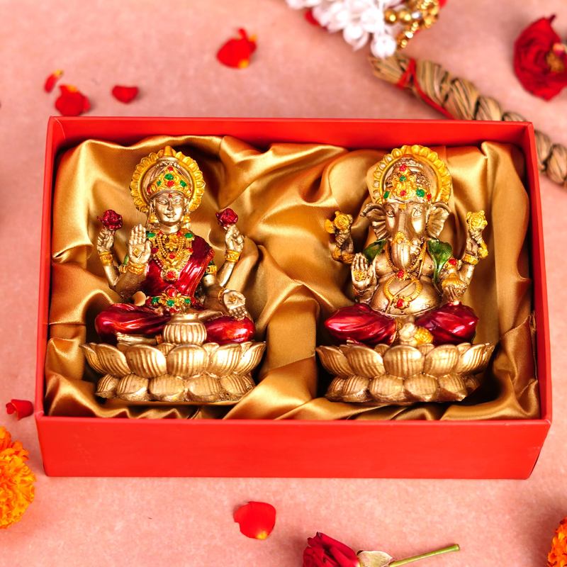 Copper and Red Lakshmi Ganesh Resin Idol 4"