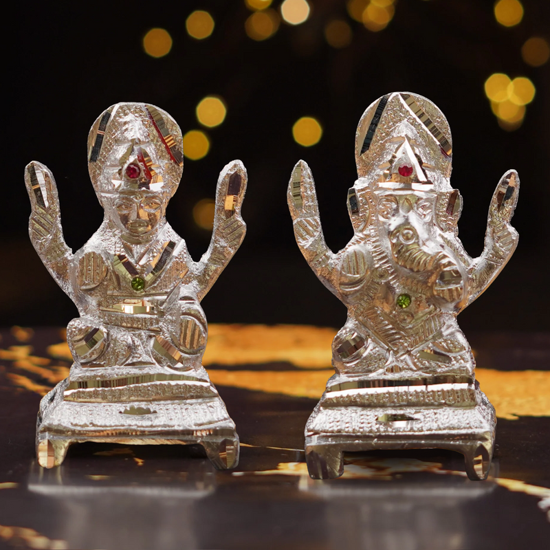 Lakshmi Ganesh Silver Plated Idol Set with Premium Gift Box 4 Inch