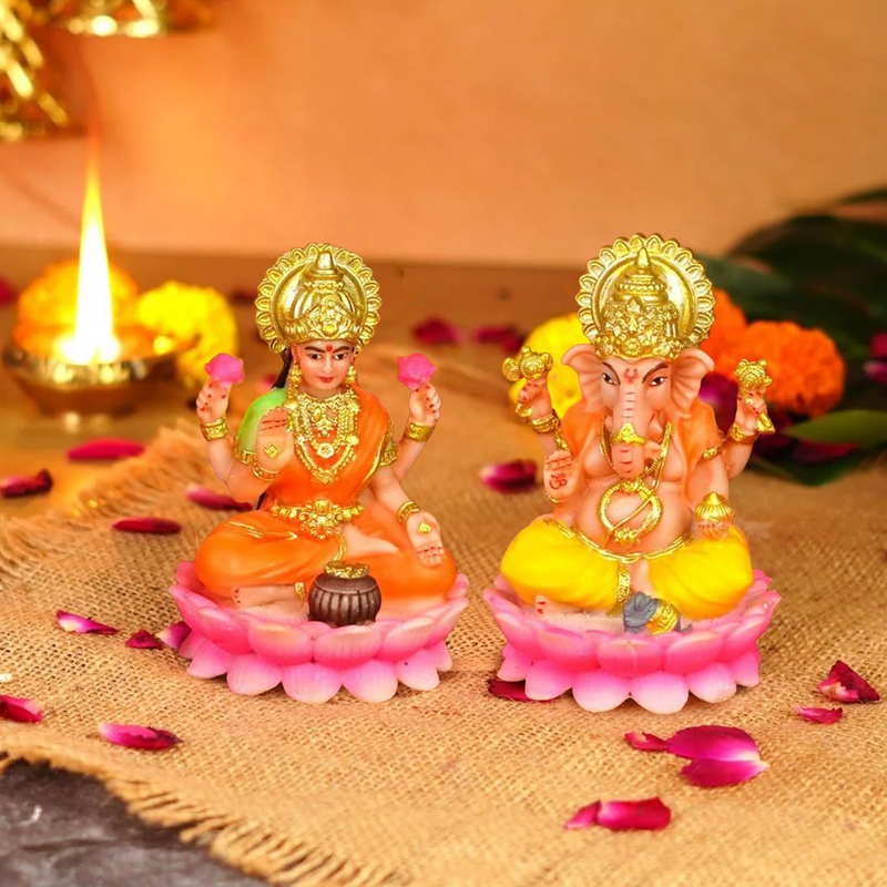 Pink Lotus Lakshmi Ganesh Resin Idol 4 Inch