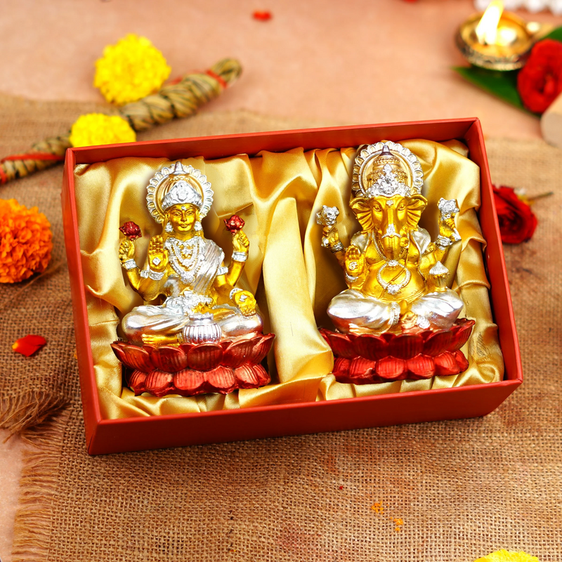 Silver and Golden Lakshmi Ganesh Resin Idol 4"