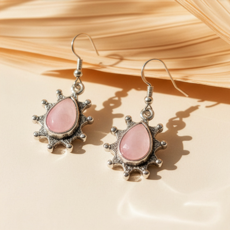 Rose Quartz Heart Healing Crystal Earrings