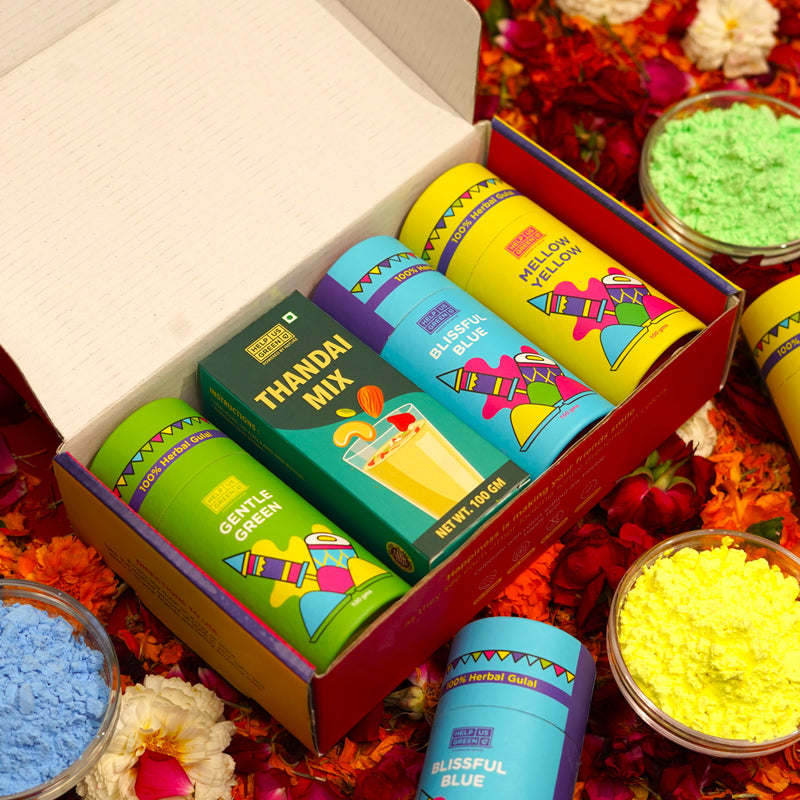 Gulal and Thandai Pack- Set of 3 Gulal Tubes & Dry Fruits Thandai Powder in a Holi Design Box