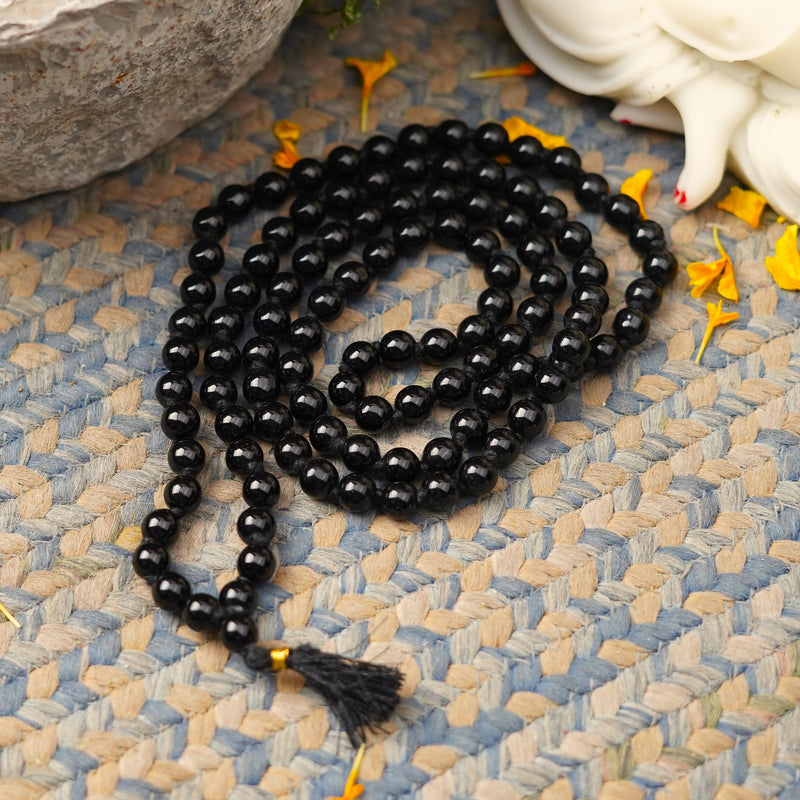 Black Hakik Mala (8 mm) | Black Agate Mala, 108 + 1 Beads