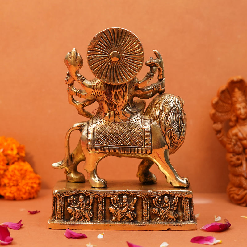 Divine Sherawali Mata Statue in Antique Pure Brass, Height 6.5"
