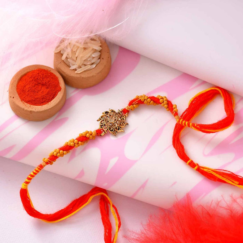 Elegant Wooden Beads & Stone Rakhi With Mauli Dori