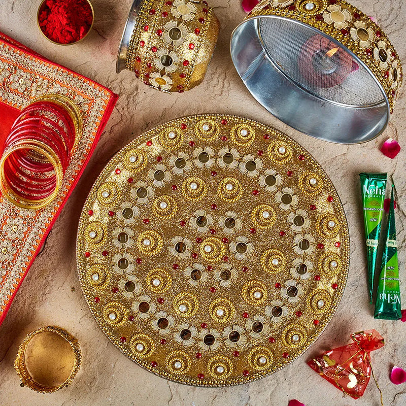 Embellished Golden Karwa Chauth Thali Set