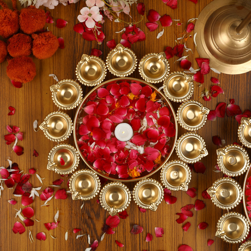 Gold Plated Floral Urli With Diya (14 Inches)