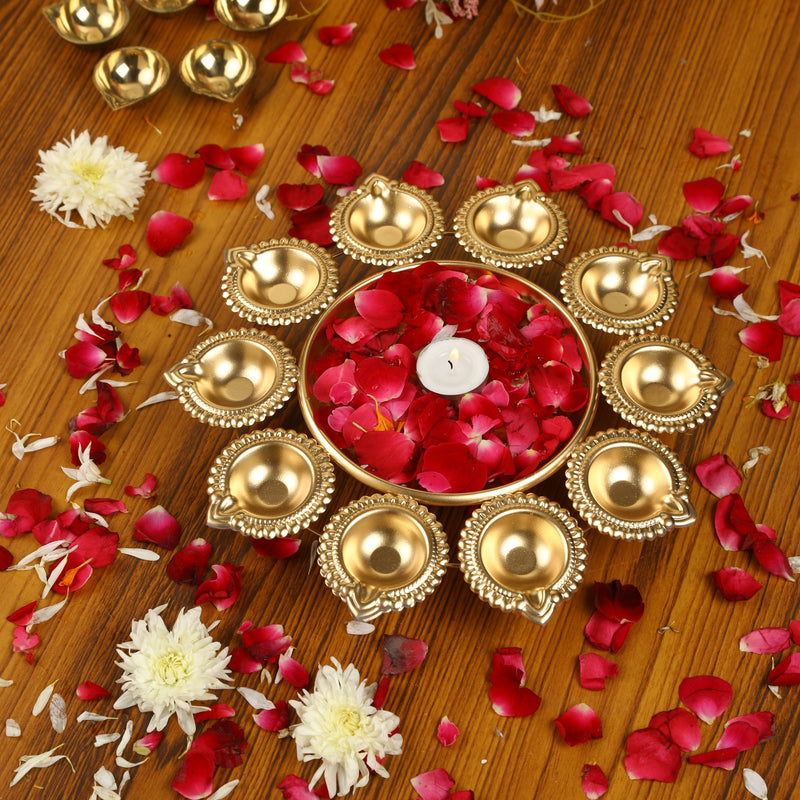 Gold Plated Floral Urli With Diya Small (12 Inches)