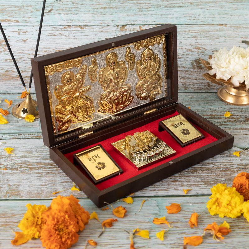 Gold Plated Lakshmi Ganesh Saraswati Charan Paduka in Brown Pooja Box