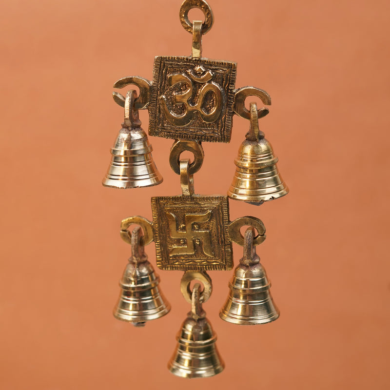 Pure Brass Wall Hanging with Bells, Aum and Swastik