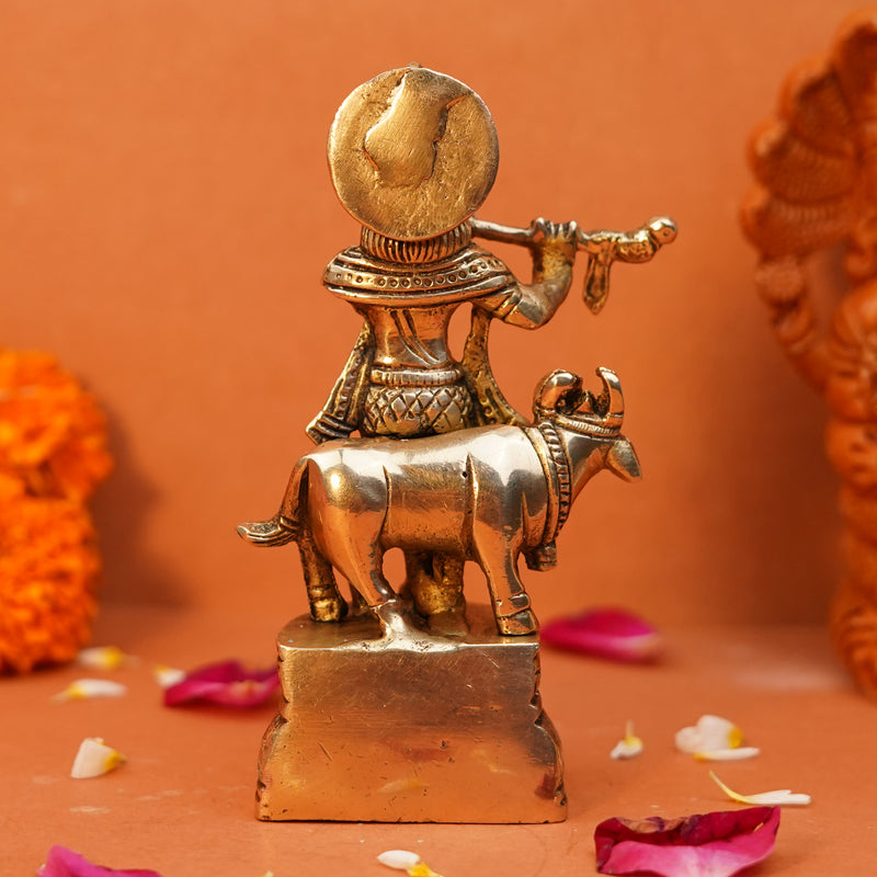 Shri Krishna with Kamdhenu Divine Idol in Pure Brass| Height 4.5 Inches