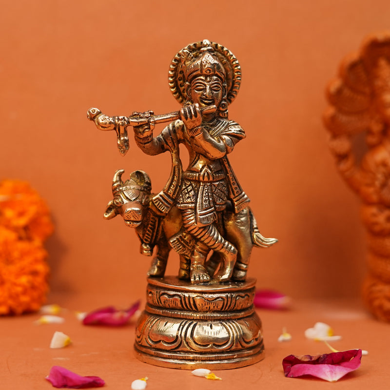 Shri Krishna with Kamdhenu Divine Idol in Pure Brass| Height 4.5 Inches